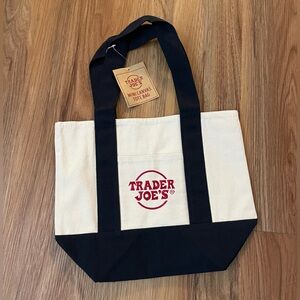 NWT Trader Joe's Mini Canvas Tote Bag in Navy Blue and Cream White color